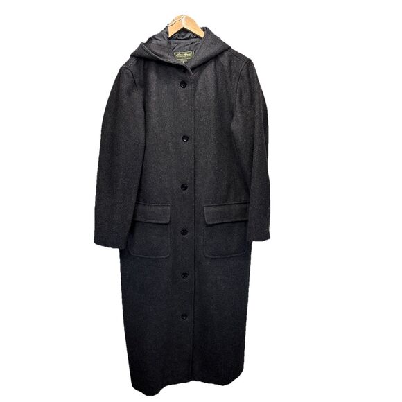 Eddie Bauer Long Hooded Winter Coat Womens XL Tall Charcoal Gray Wool button up - Picture 5 of 11